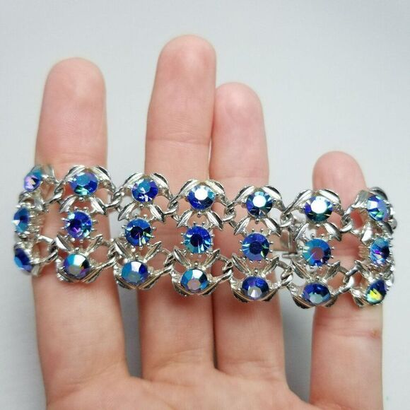 Vintage Wide Blue Rhinestone and Silver Tone Panel Bracelet, Retro 60s 70s Style - Picture 6 of 7